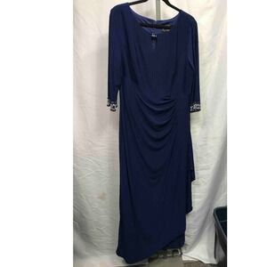 Alex Evenings Navy Blue Embellished Sleeve Ruched Gown Size 18